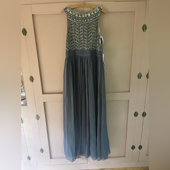 NWT JS Collections Beaded Illusion Neckline Pleated Gown Dress Gray Sz 14 $328 - Picture 2 of 7